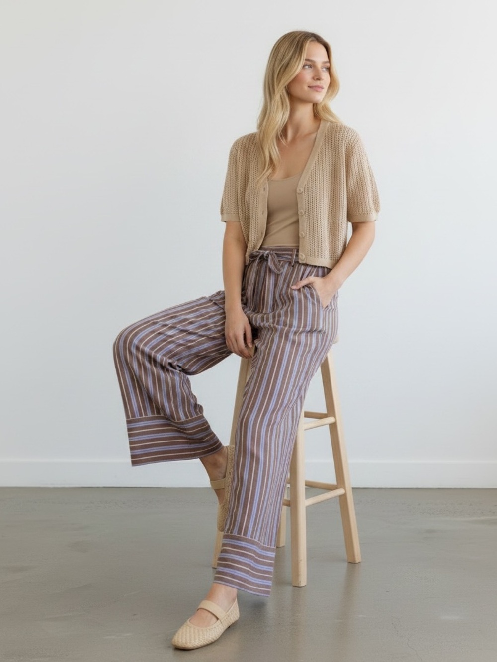 NWT Striped Wide-Leg Drawstring Cotton Pants in Taupe and Lavender